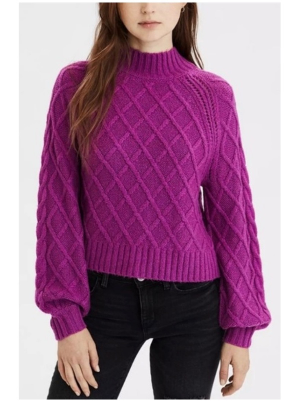 American Eagle Chunky Cable Knit Mock Neck Pullover Sweater Purple Medium